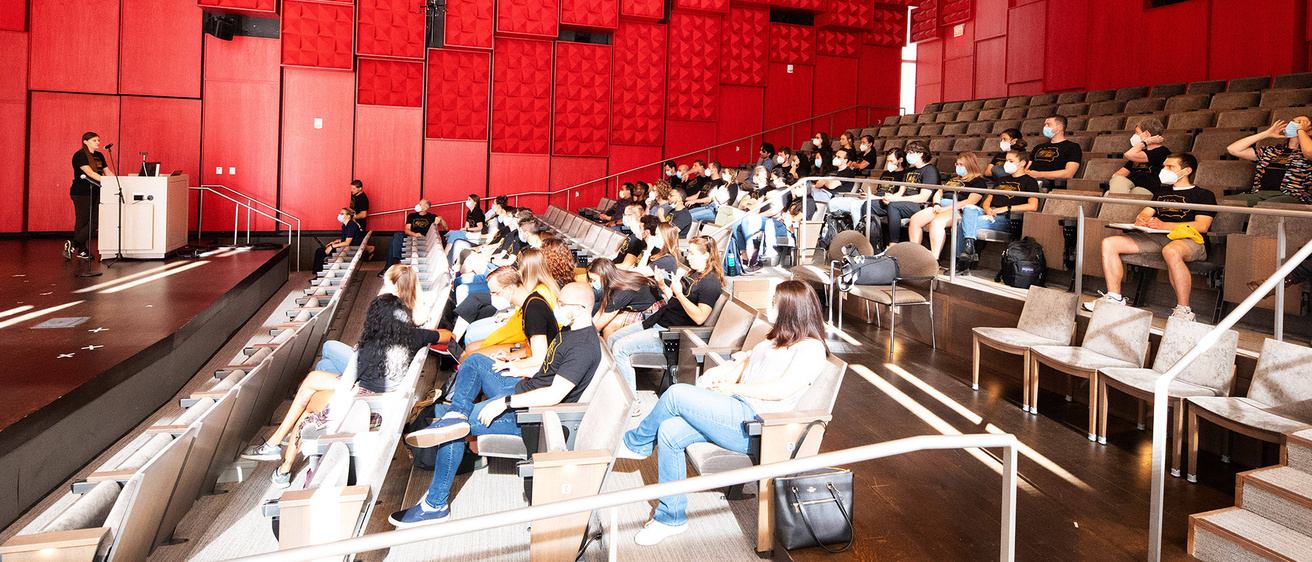 Students from the The Roy J. and Lucille A. Carver College of Medicine gather in the Voxman building for the Iowa Medical Scientist Training Program (MSTP) Retreat.